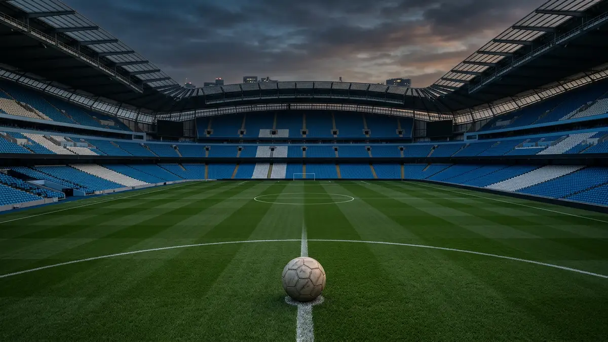 An empty, darkened professional football stadium with a single ball on the pitch.