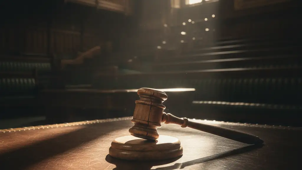 A lone wooden gavel on a polished desk in a dimly lit parliamentary chamber.
