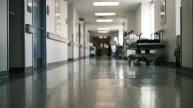 Blurred hospital corridor with soft light and a distant, out-of-focus gurney.