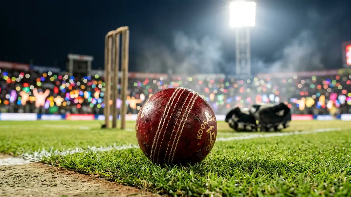 A cricket ball on a grass pitch under bright stadium lights with blurred stumps behind.