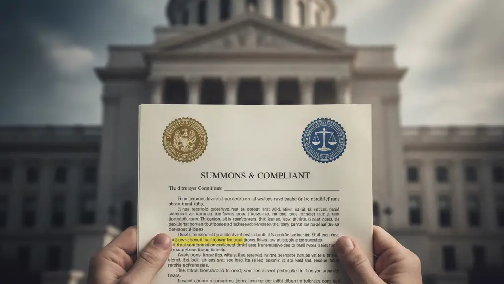Hands holding a legal document with a blurred courthouse in the background.