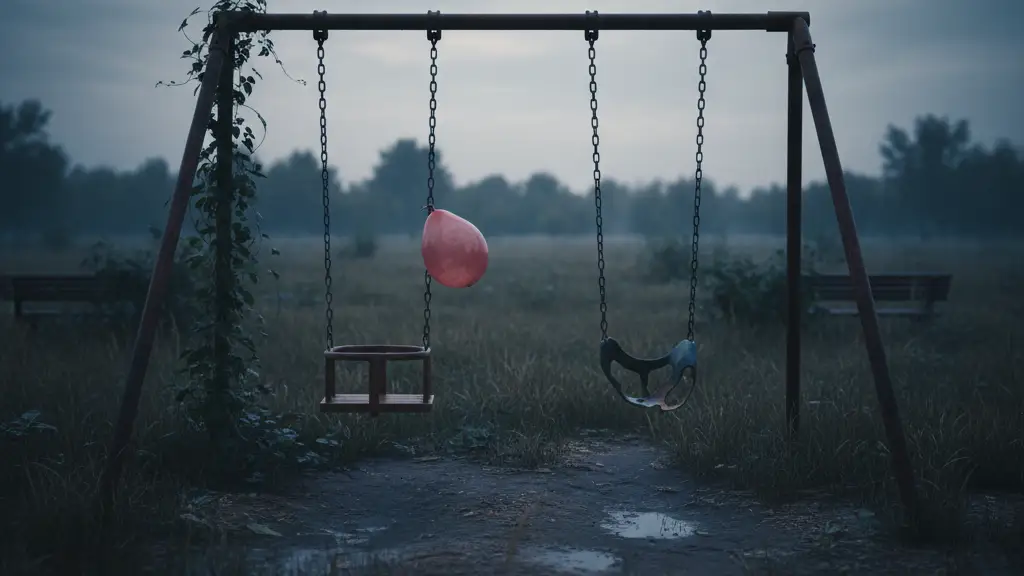 Empty swing set with a red balloon, symbolizing lost childhood innocence and health.