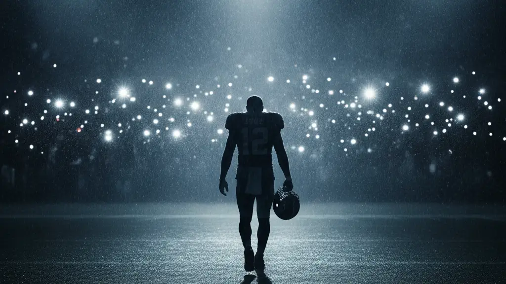Silhouetted football player walks off field, paparazzi flashes in background.