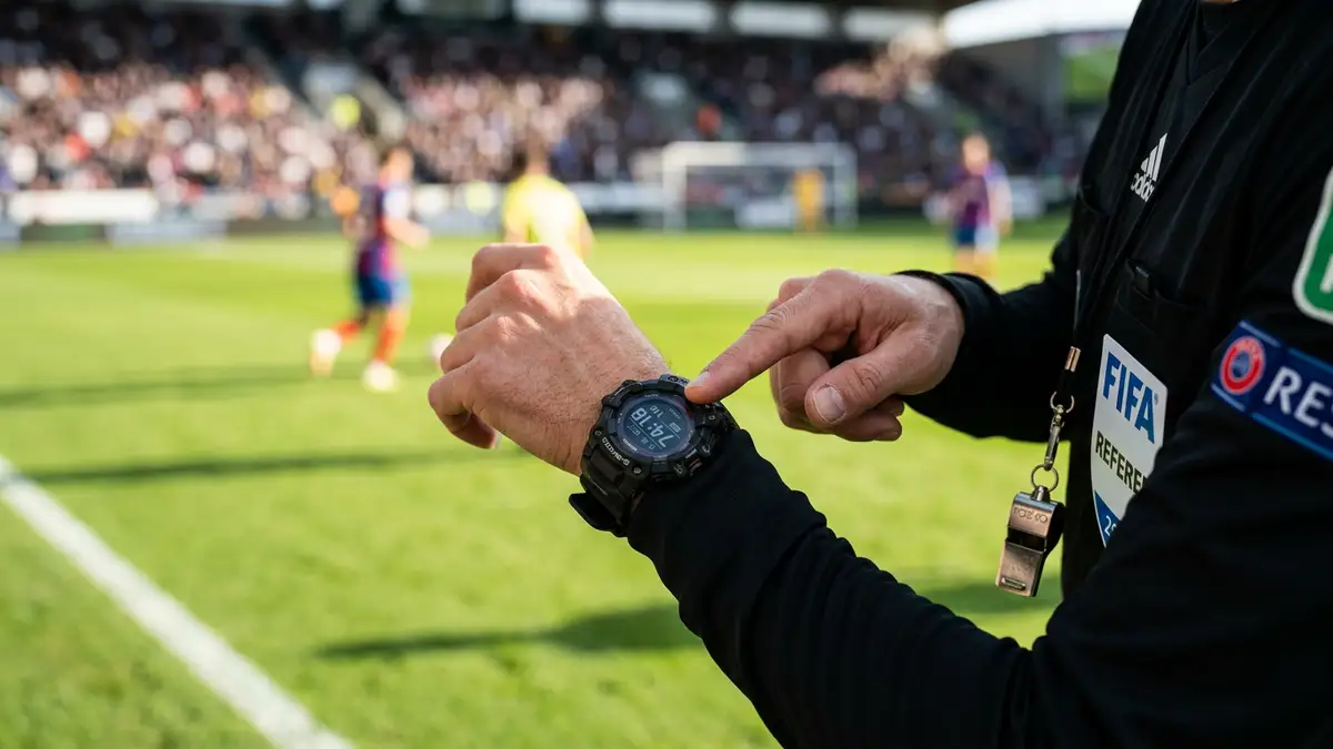 A referee's hand pointing to a wristwatch on a soccer pitch during a match.