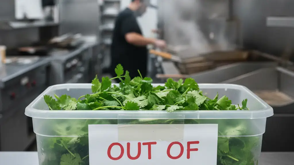 Out of stock sign on a bin of fresh green lettuce in a restaurant kitchen.