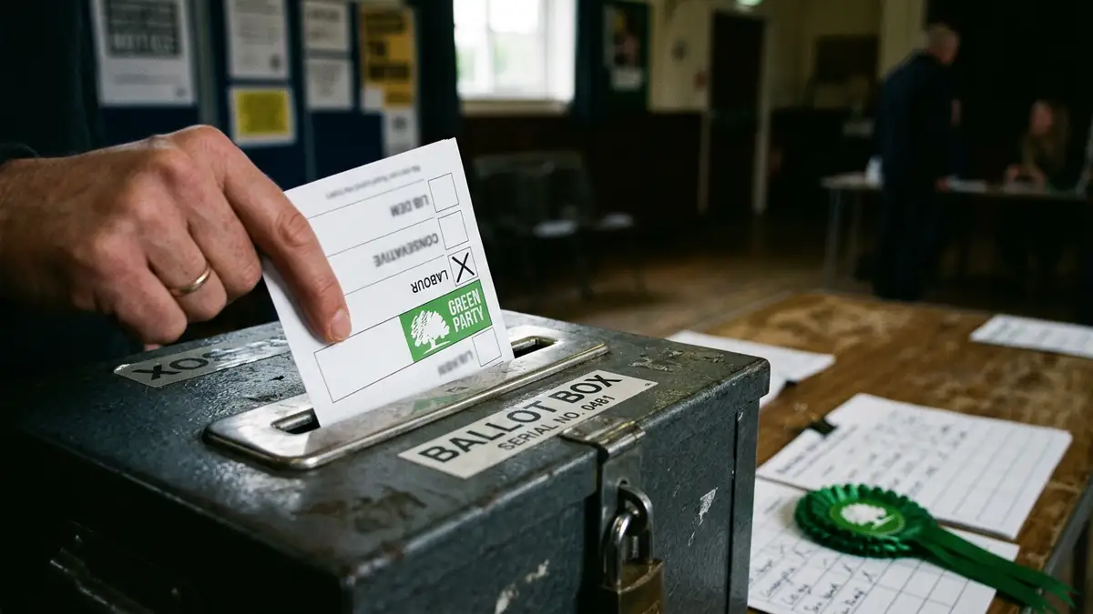 A ballot paper being inserted into a ballot box with a green rosette in the background.