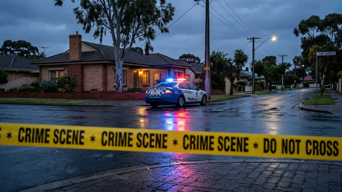 Yellow police crime scene tape stretched across a suburban street with blurred emergency lights behind.