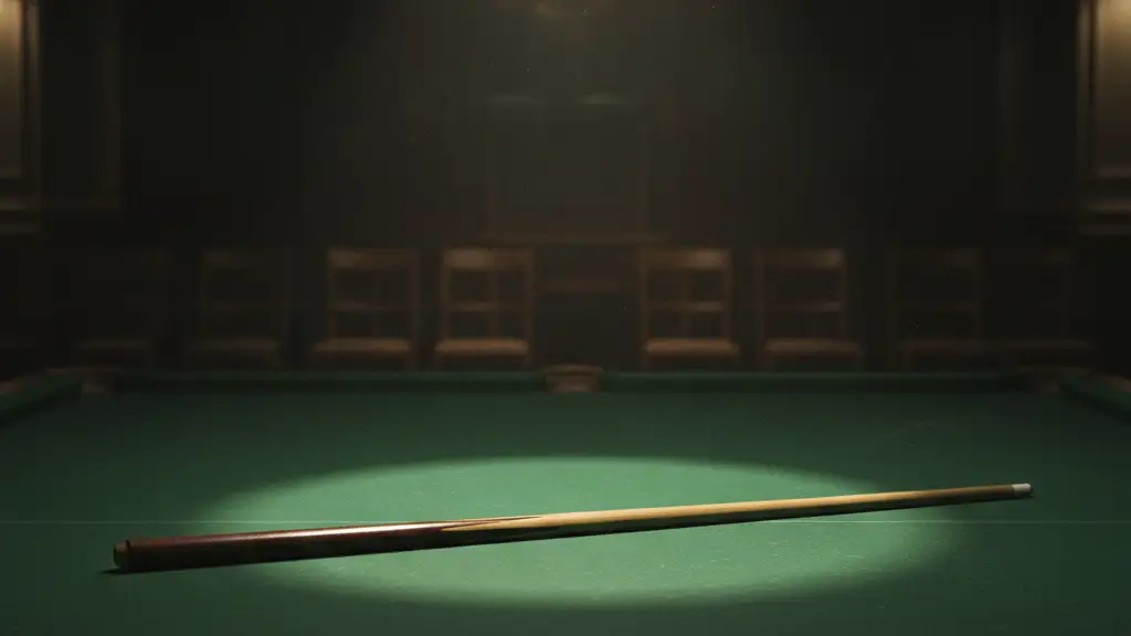A lone snooker cue rests on a green table under a spotlight.