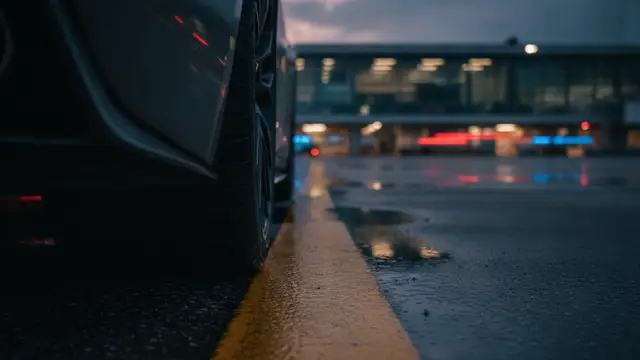 Car tire at airport drop-off line with blurred terminal in background.