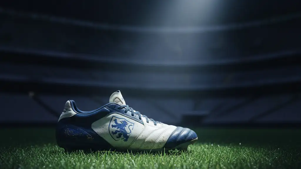 A football boot with a team crest on a green pitch under a spotlight.
