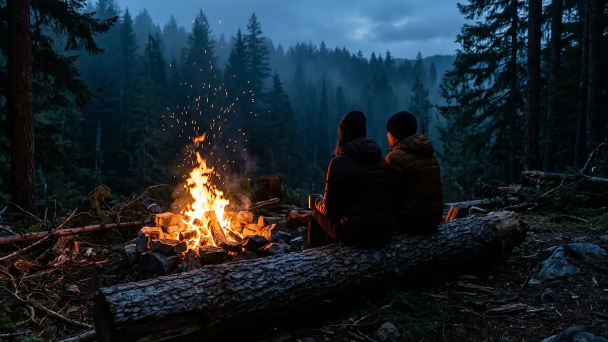 Two silhouetted people sit by a campfire in a misty pine forest at twilight.
