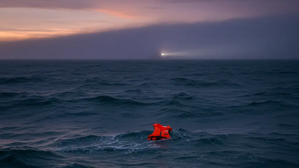 An abandoned orange life jacket floats on dark, choppy sea water under a distant searchlight.