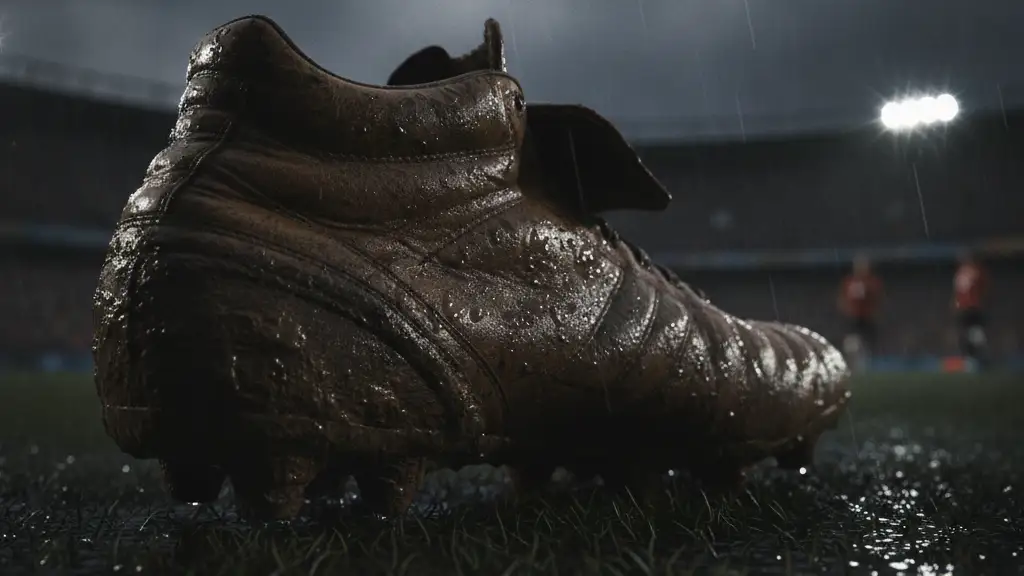 A mud-stained football boot on a wet pitch, stadium lights reflecting, blurred crowd.