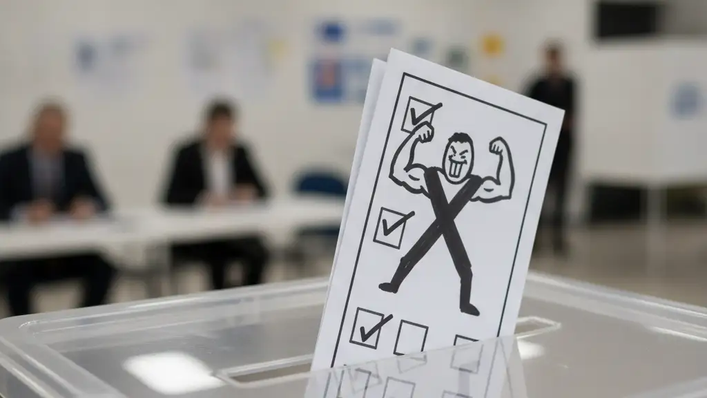 Ballot box with a humorous 'X' marked ballot paper inside, blurred polling station background.