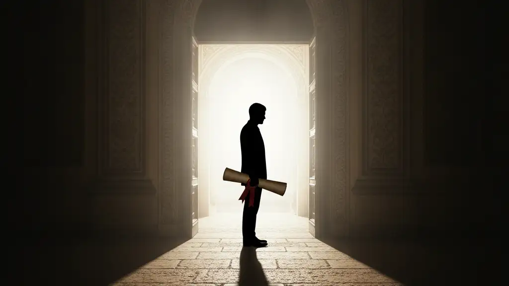 Silhouette of a figure holding a document at a doorway, backlit by bright light.