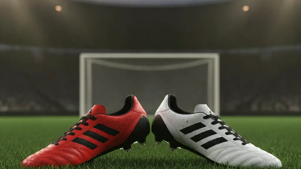 Soccer cleats, one red and one white, resting on green stadium grass.