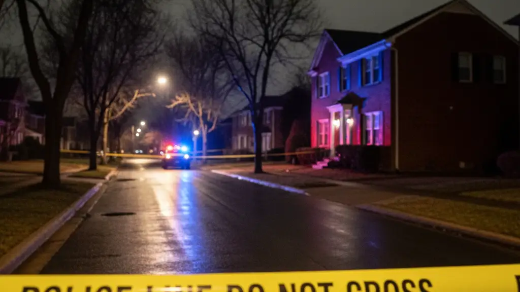 Yellow police tape in the foreground with blurred emergency vehicle lights in the background.