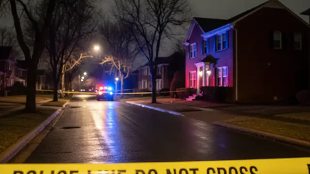 Yellow police tape in the foreground with blurred emergency vehicle lights in the background.