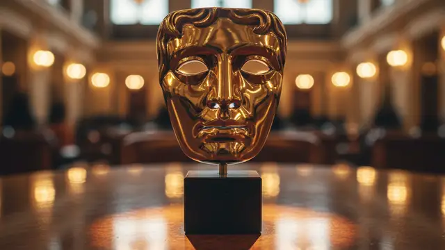 Golden BAFTA mask award resting on a polished wooden surface with blurred lights in background.