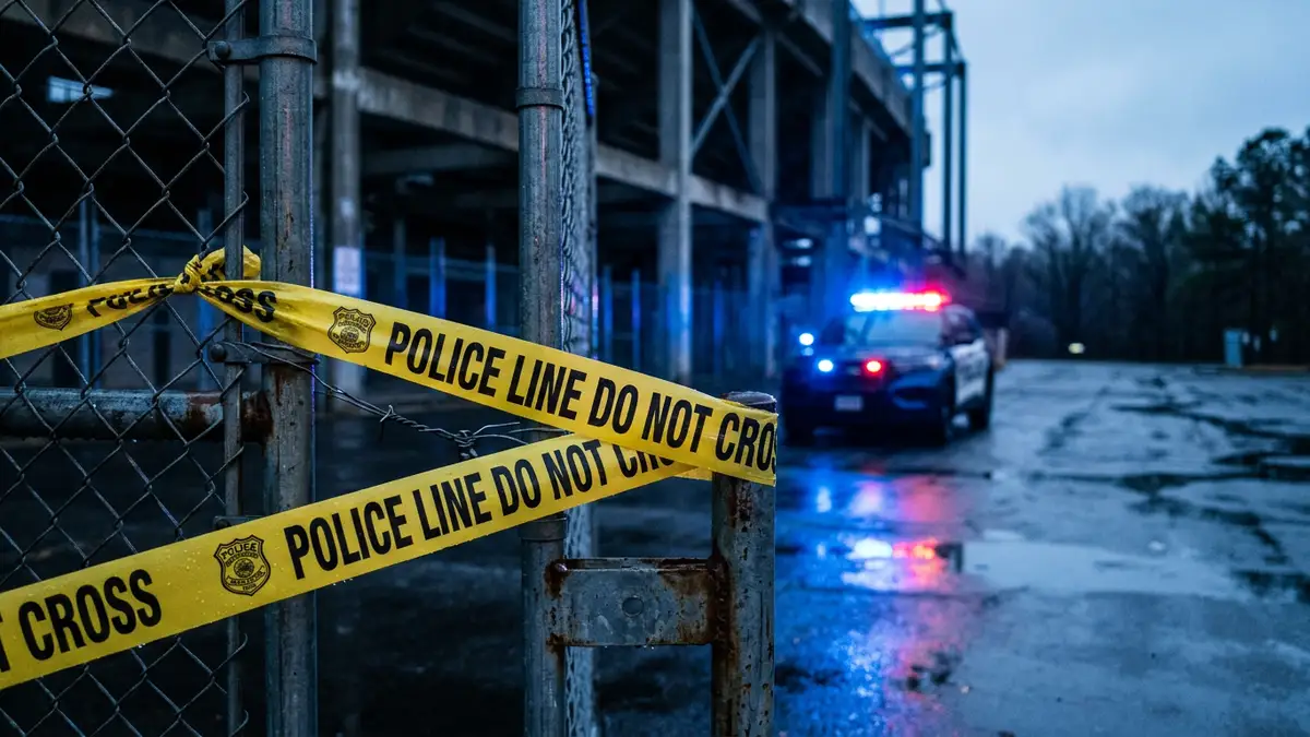 Yellow police tape across a stadium gate with blurred blue emergency lights in the background.