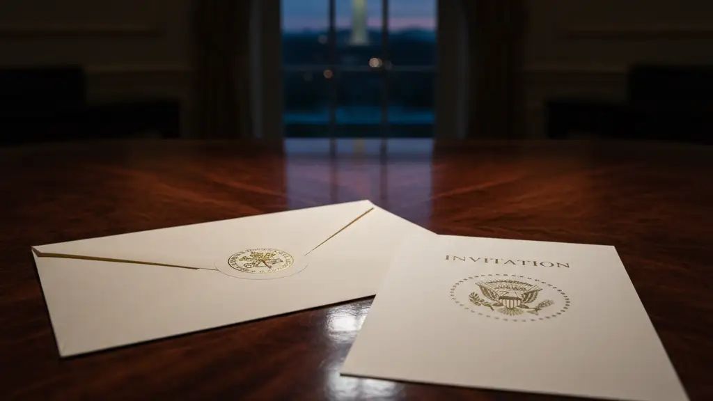 A Vatican-sealed envelope and a U.S. Presidential invitation sit on a dark wooden desk.