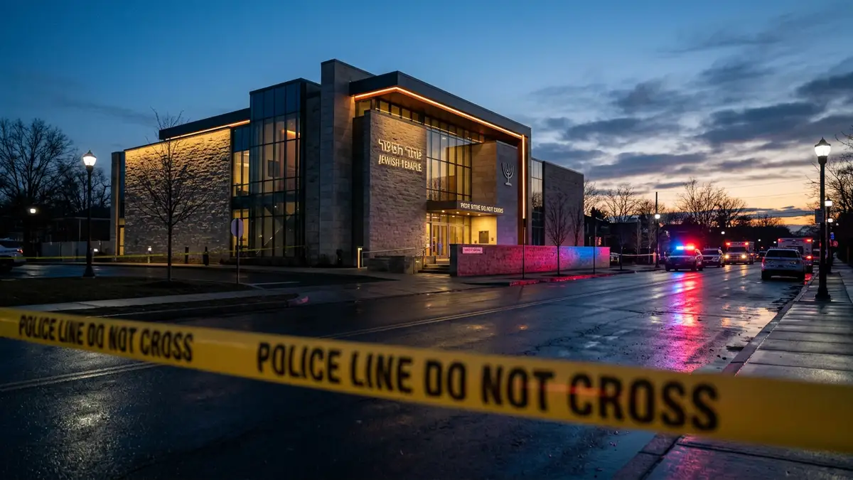 Yellow police tape in front of a synagogue building at night with emergency light reflections.