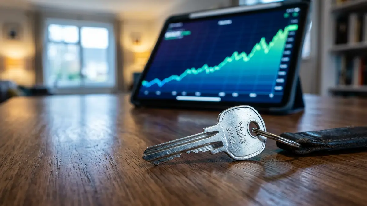 A house key on a wooden table with a rising financial graph in the background.