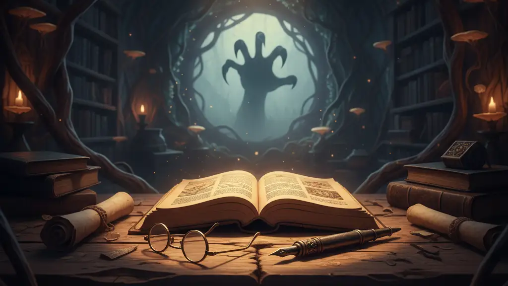 A vintage fountain pen and glasses on a wooden desk with a mysterious forest silhouette.