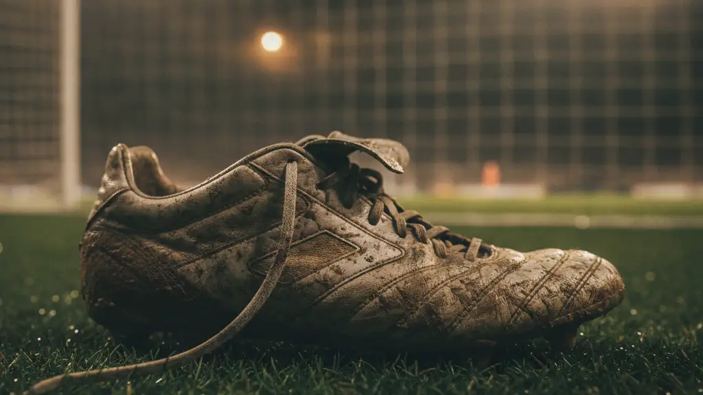 A mud-splattered football boot resting on green grass under stadium lights.