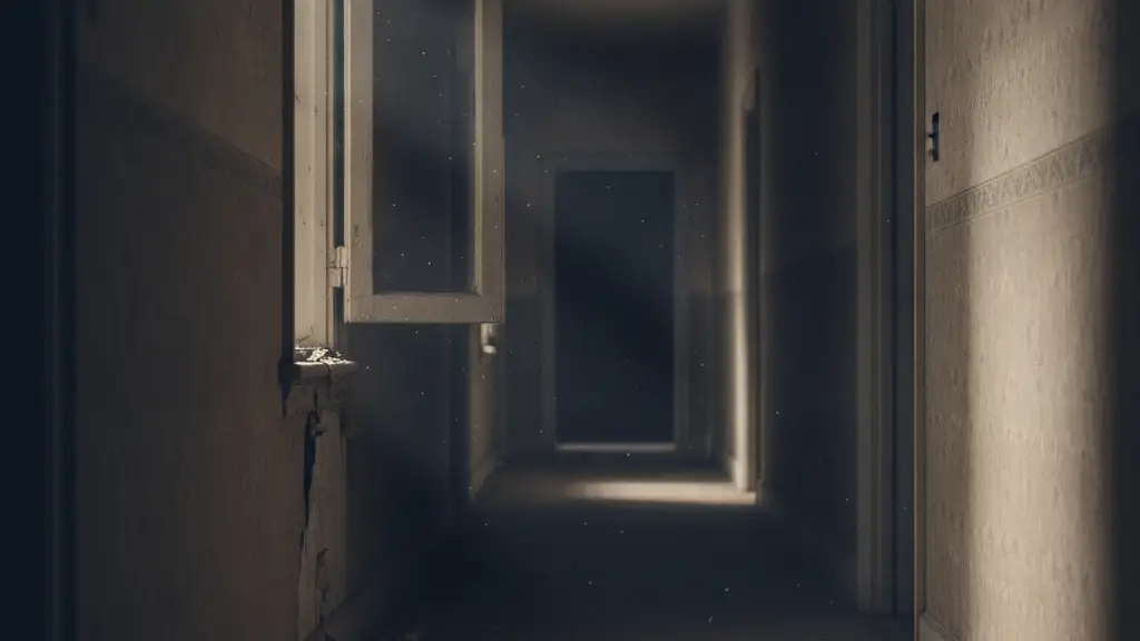A dimly lit hallway with a hidden passage slightly open in a wall.