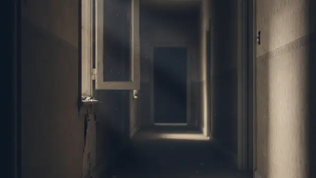 A dimly lit hallway with a hidden passage slightly open in a wall.