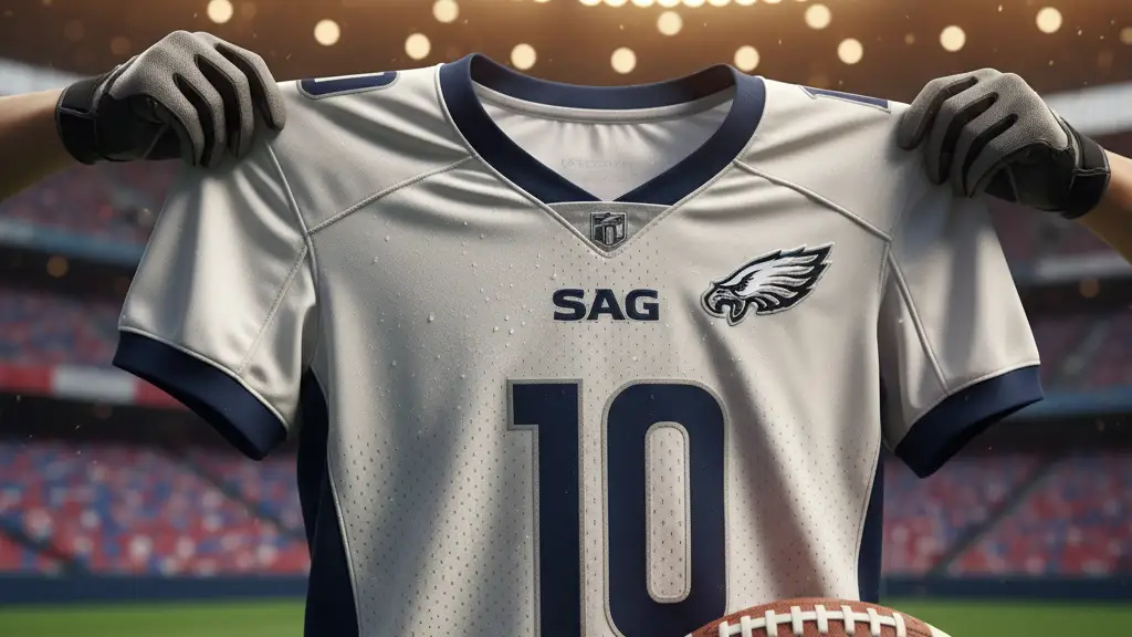 Close-up of a football jersey and ball on a stadium pitch under bright lights.