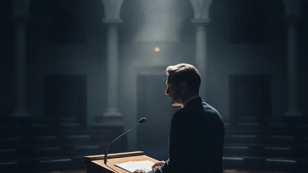Silhouette of a figure at a podium under a spotlight in a parliamentary chamber.