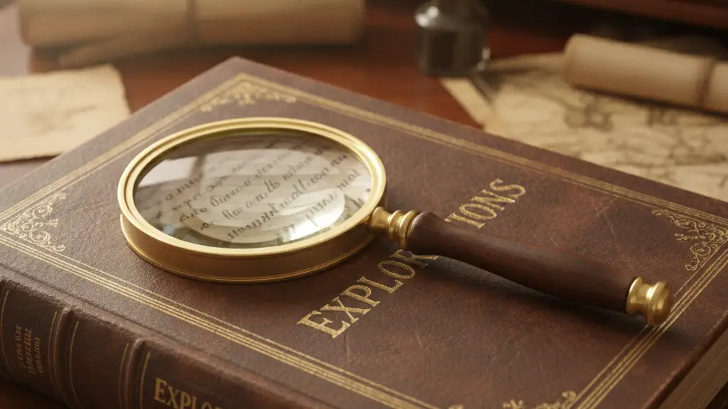 Antique magnifying glass on a leather book, softly lit on a wooden desk.