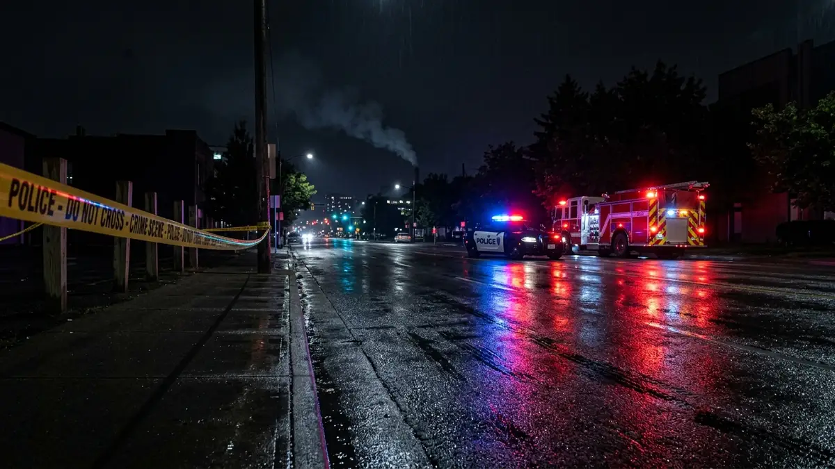 Emergency lights reflecting on wet pavement at night, distant smoke, police tape.