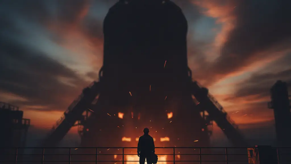 Silhouetted worker in hard hat before a massive, dark blast furnace at dusk.