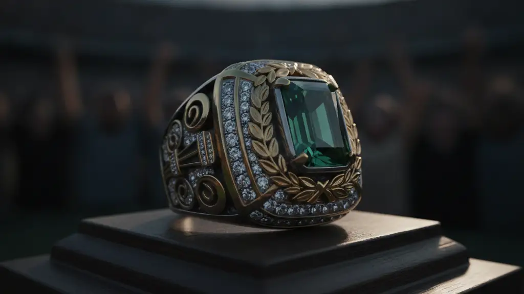 A close-up of a championship ring on a dark surface, blurred stadium lights behind.