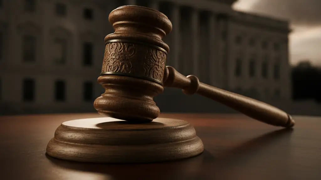 A wooden gavel on a mahogany desk, hinting at government decisions.