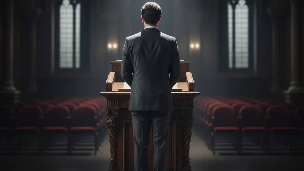 Silhouette of a leader at a podium in an empty hall, facing away from the viewer.