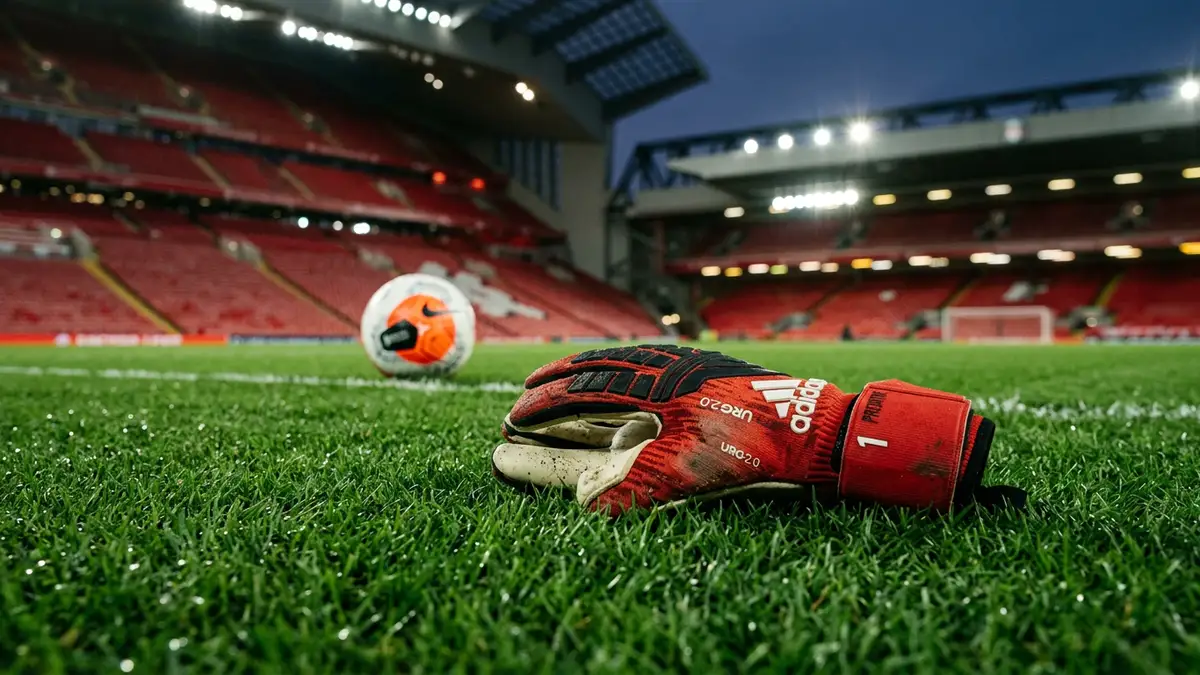A lone goalkeeper glove and soccer ball on a stadium pitch under bright lights.