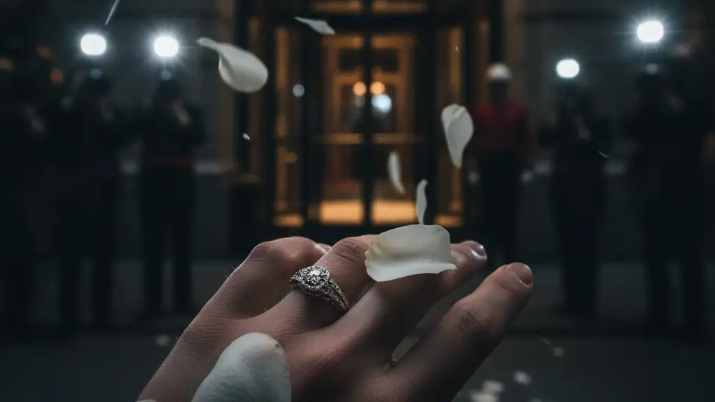 A close-up of a wedding ring on a hand, surrounded by white rose petals.