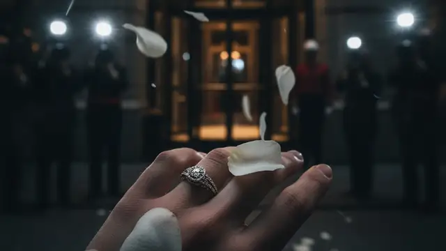 A close-up of a wedding ring on a hand, surrounded by white rose petals.