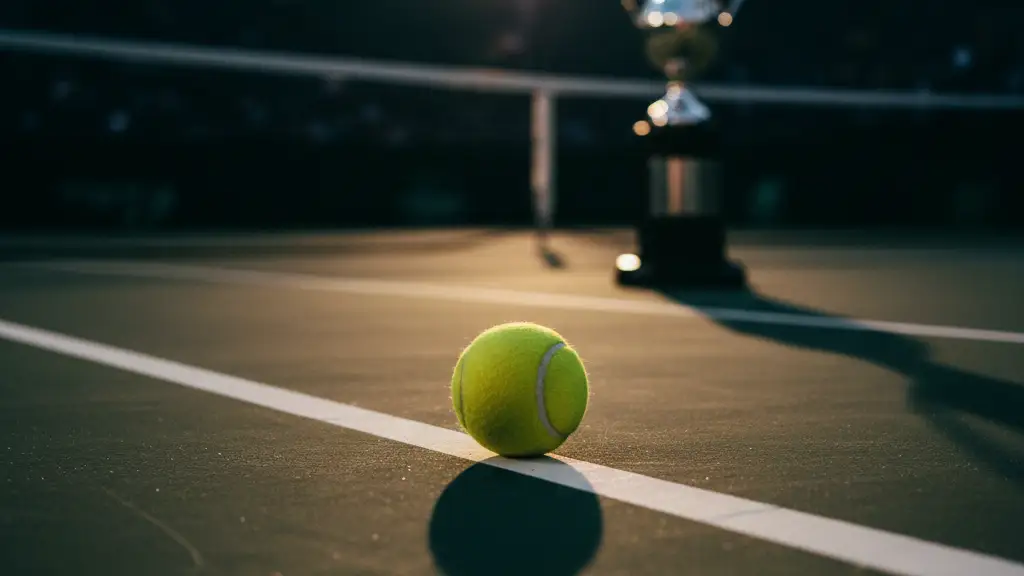 A tennis ball on a court baseline with a blurred championship trophy in the background.