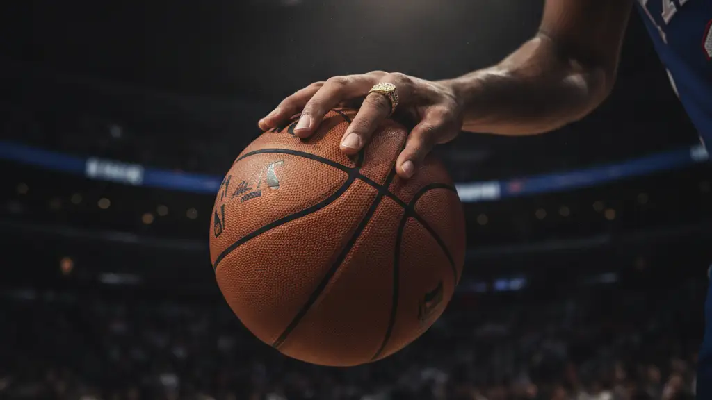 A basketball player's hand dribbling a ball, wearing a Philadelphia 76ers jersey.