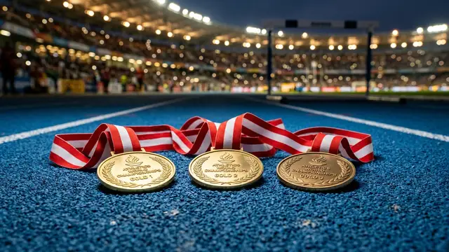 Three gold medals resting on a blue running track under bright stadium lights.