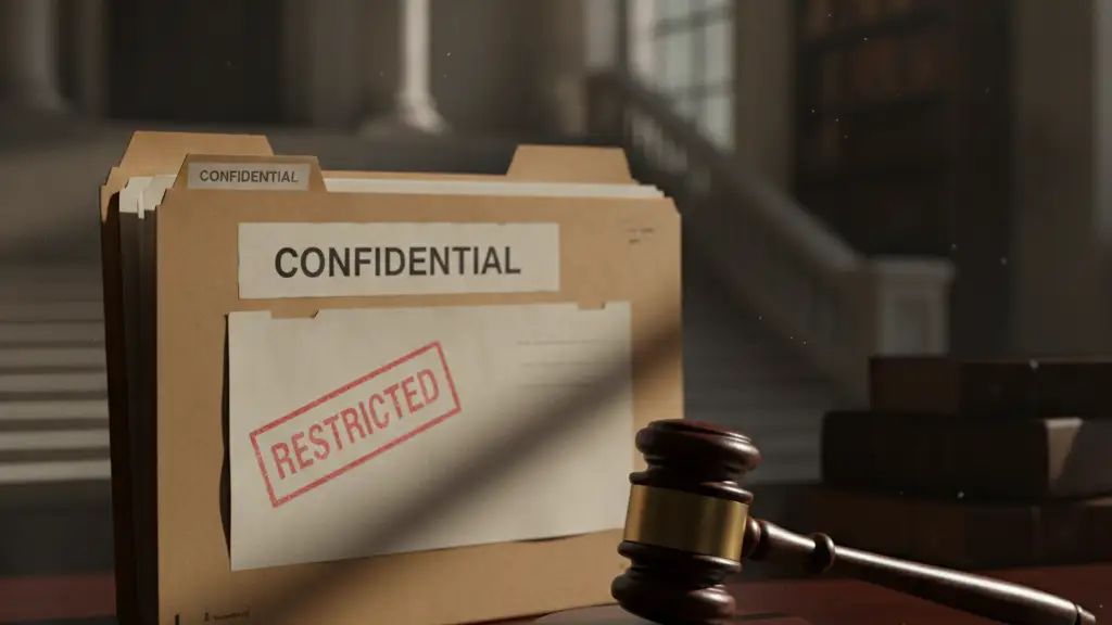 Confidential file and gavel on a desk, symbolizing legal drama and justice.