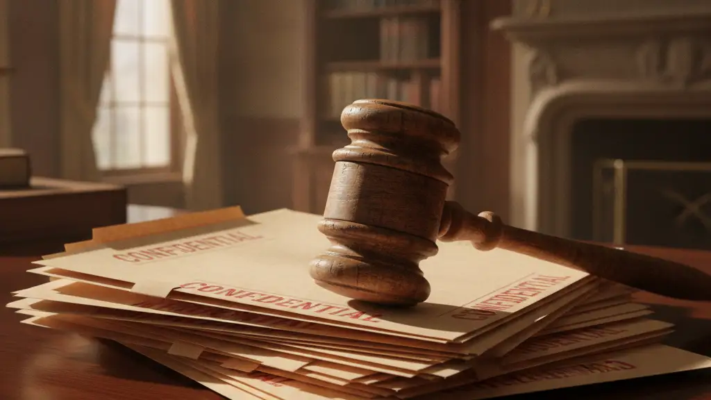 A heavy wooden gavel rests on confidential files on a mahogany desk.