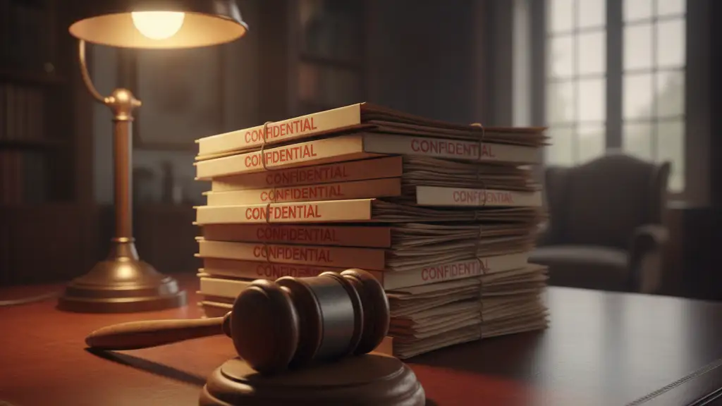 A wooden gavel on a desk next to confidential files, dramatic lighting.