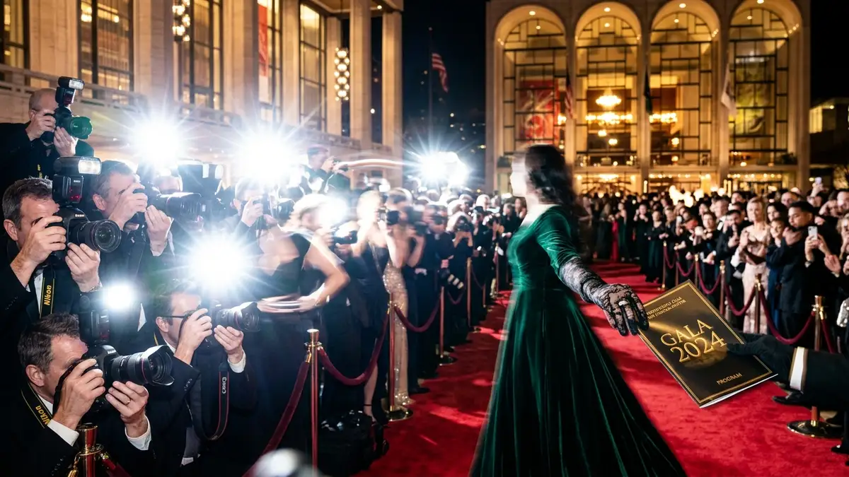 Paparazzi flashes obscure celebrity silhouettes on a red carpet at a gala entrance.