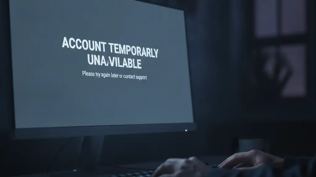 Computer screen displaying 'Account Temporarily Unavailable' message, keyboard blurred.